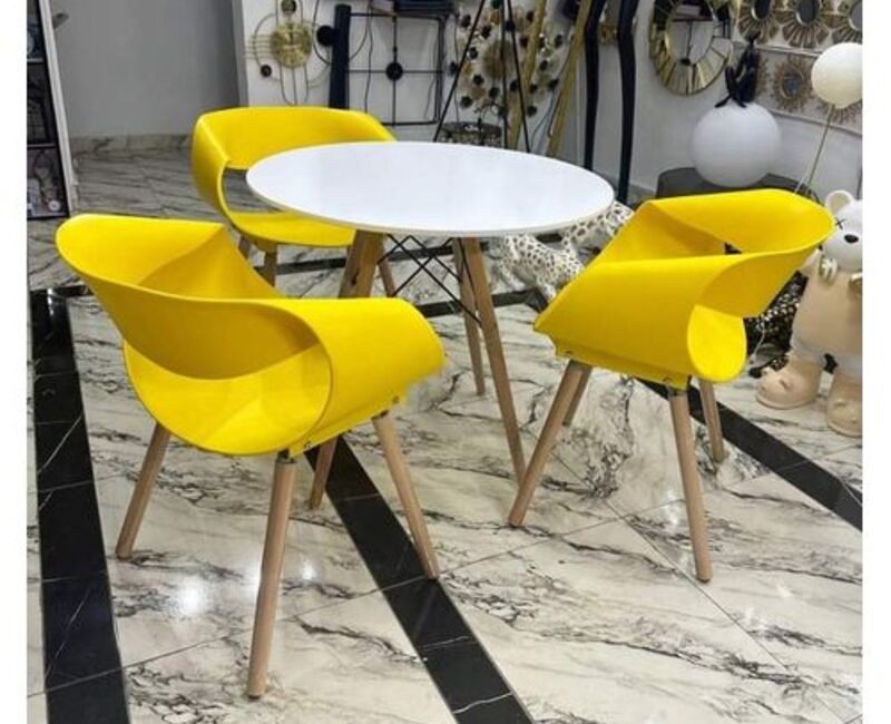 ROUND BEECHWOOD DINING TABLE WITH 3 YELLOW SITTING CHAIRS ₦310,000